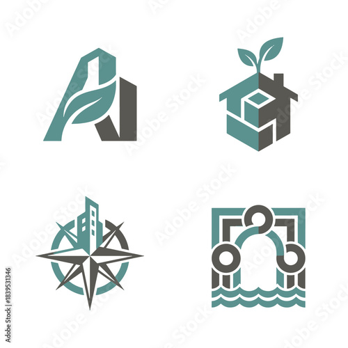 Collection of abstract vector logos and icons for nature, urban development, and eco-friendly concepts in a modern, clean design.