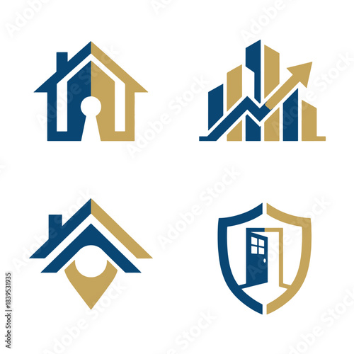 Modern Abstract Real Estate Home Logo designs feature bold Blue and Gold geometric shapes, symbolizing Property Security and Investment Growth for versatile business branding.