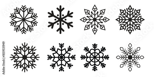 Abstract Snowflake Icons Set in Black – Modern Winter and Christmas Vector Design