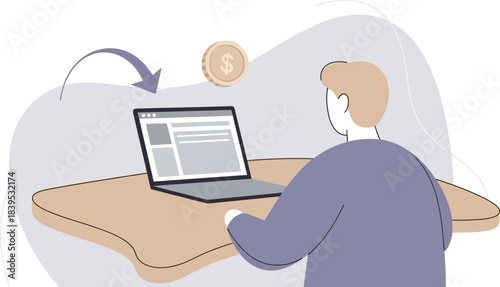 Person works on laptop with dollar coin and arrow demonstrating online financial transaction