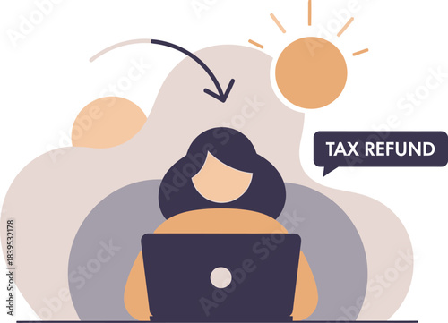 Woman using laptop for online tax refund application concept with abstract background