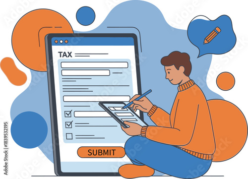 Man sitting on the floor submitting an online tax form on a large smartphone