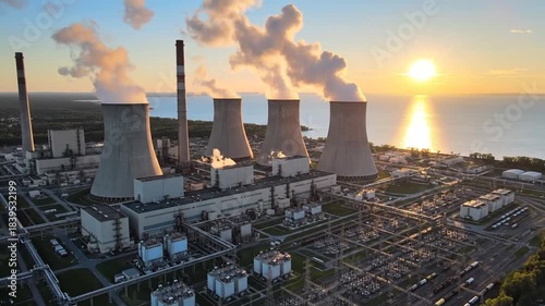 Industrial Power Plant Cooling Towers Emitting Steam Against a Golden Sunset Sky Reflecting on a Calm Lake with a Network of Electrical Transformers and Power Lines