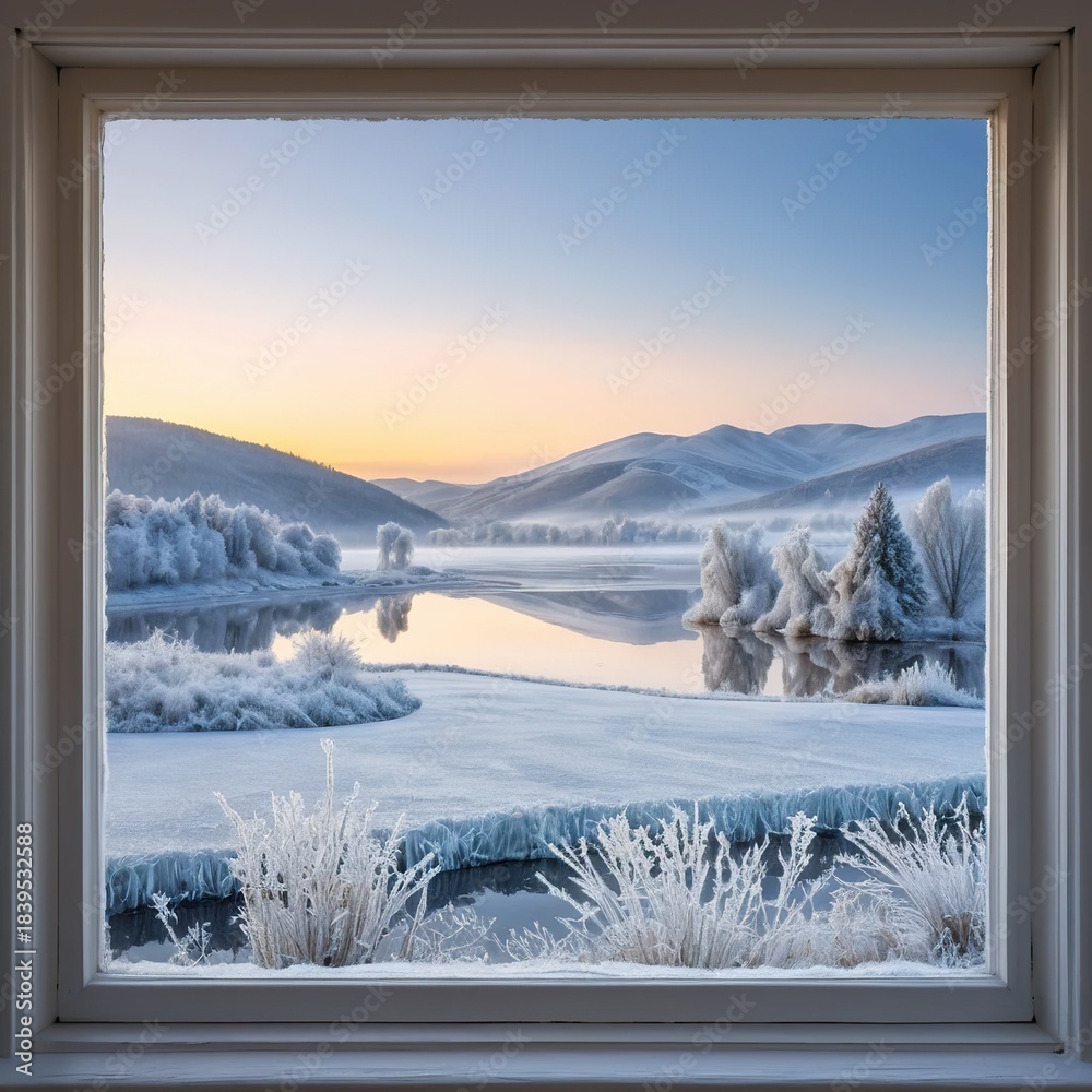 Naklejka premium Beautiful winter landscape with frozen lake and snowy mountains at dawn, viewed through a window