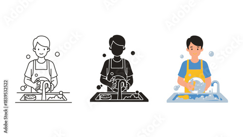 Illustration of a person washing dishes in three styles outline, silhouette and colored