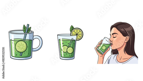 Illustration of a woman drinking a green smoothie with lime and mint
