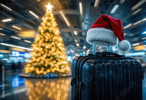 Holiday season travel photo featuring a santa hat on a suitcase and a glowing christmas tree in an airport setting