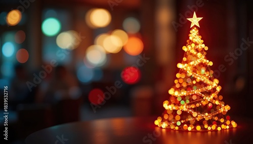 Illuminated christmas tree with glowing star and warm bokeh lights in a festive setting