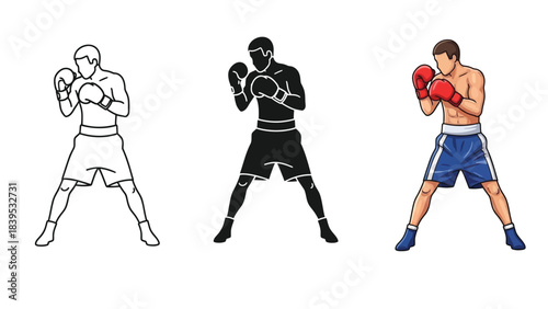 Boxer illustrations in three styles outline, silhouette and colored
