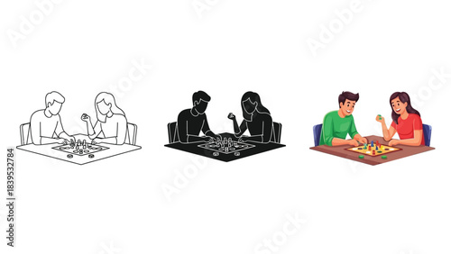 Illustration of people playing board games in three styles