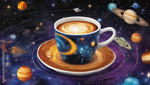 Coffee cup with latte art depicting the solar system surrounded by planets and stars on a cosmic background. The scene includes a white mug on an table, filled to the brim with steaming hot coffee.