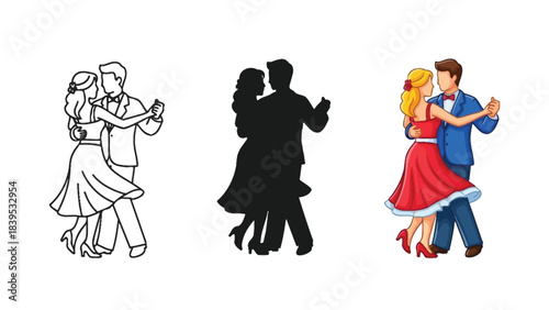 Couple dancing in three styles outline, silhouette and colored illustration
