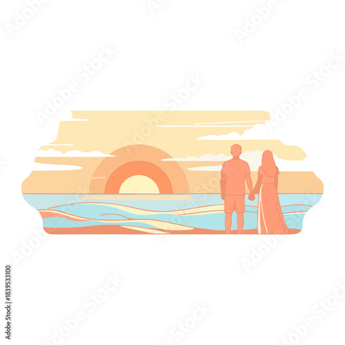 Romantic illustration of a loving couple holding hands, silhouetted against a vibrant golden sunset over a tranquil ocean beach, symbolizing peaceful travel and unforgettable summer bliss