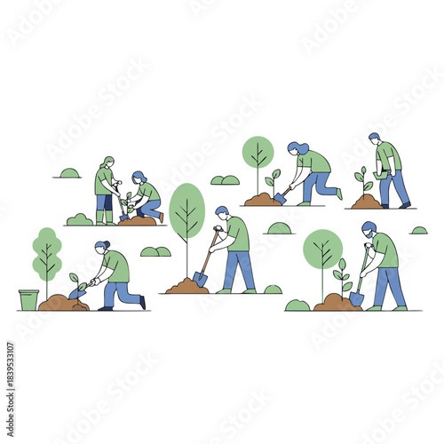 Illustrations depicting the step-by-step process of planting a tree, symbolizing growth, nature, and environmental care