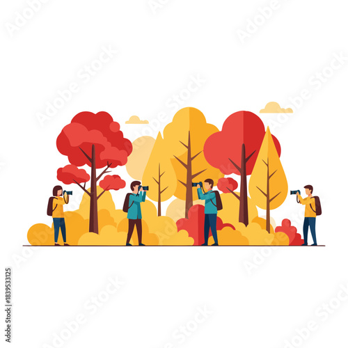 Photographers with cameras and backpacks capturing the beauty of autumn foliage in a colorful forest, enjoying a scenic outdoor hobby