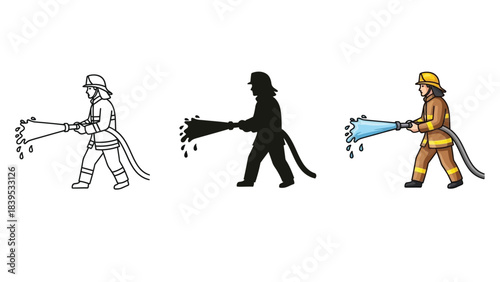 Illustration of firefighter in three styles outline, silhouette and colored