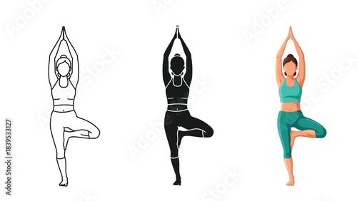 Illustration of woman in yoga tree pose in three styles outline, silhouette and full color