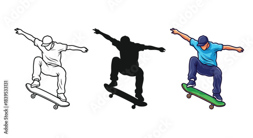 Skateboarder performing trick in three styles outline, silhouette and colored illustration