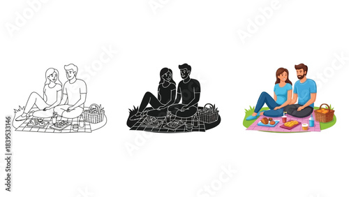 Illustration of a couple having a picnic in three styles outline, silhouette and color