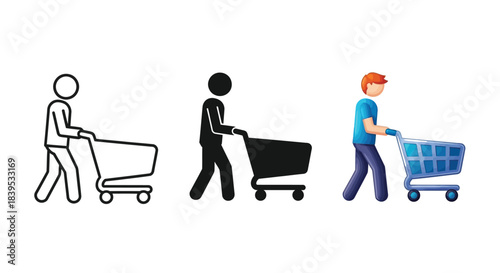 Set of three shopping cart icons with different styles