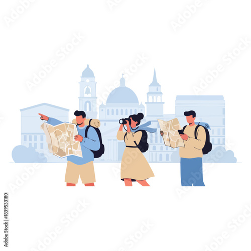Excited group of tourists exploring an iconic city skyline, navigating with maps, capturing beautiful memories with a camera, and discovering new cultural urban adventures