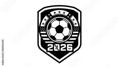 Black and white shield logo with a soccer ball, stars, and the year 2026, representing a sports event or championship.