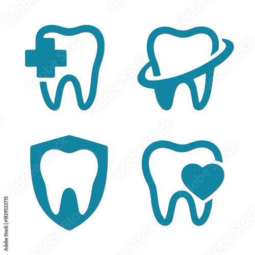 Modern blue vector dental icon set featuring tooth care, medical, health, and protection concepts, perfect for dentistry branding.
