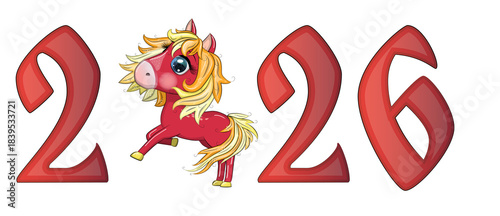 A banner for Chinese New Year 2026, combining an image of a horse and the number 2026, done in a cartoon style, the year of the horse.