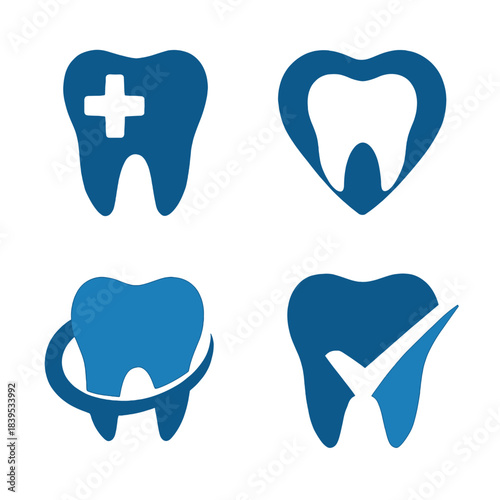 Professional dental healthcare logo set: blue vector abstract tooth icon designs symbolizing medical care for clinic branding.