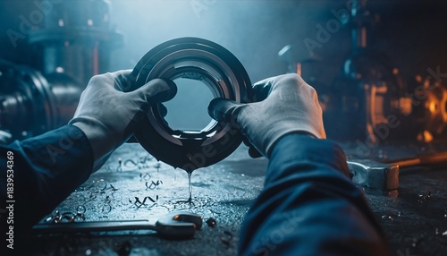 Worker's gloved hands meticulously inspect a greasy metal component in an industrial workshop setting.