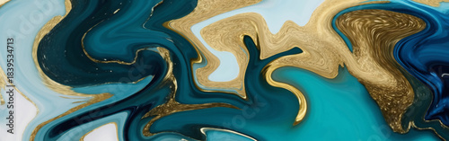 Abstract fluid art with swirling patterns of blue and gold colors