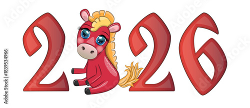 A banner for Chinese New Year 2026, combining an image of a horse and the number 2026, done in a cartoon style, the year of the horse.