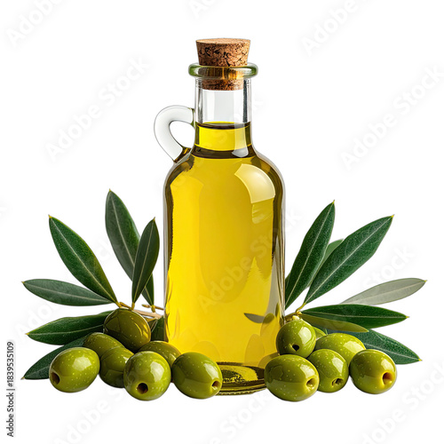 A bottle of golden olive oil surrounded by fresh green olives and leaves on a black background.