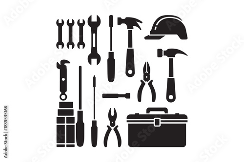 Collection of black silhouettes of various tools and equipment
