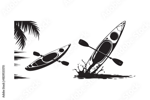 Kayaks in action with palm tree silhouette