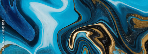 Abstract fluid art with swirling patterns of blue and gold colors