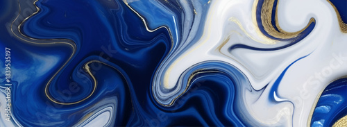 Abstract fluid art with swirling blue white and gold colors