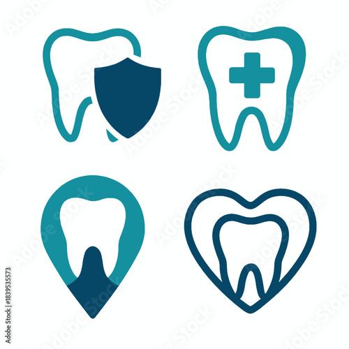 Modern Dental Health Care Icons Vector Set featuring Tooth Protection, Clinic Location, and Heart symbols in clean Blue for professional branding and wellness applications.