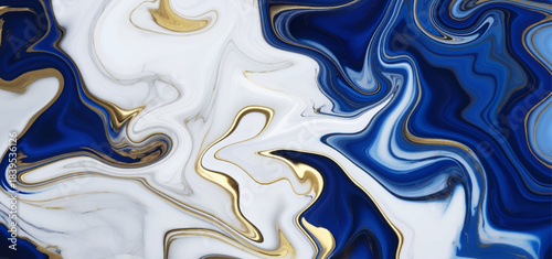 Abstract fluid art with swirling blue white and gold colors