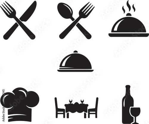 Restaurant and Food Icons: Cutlery, Cloches, Chef Hat, Table, and Wine Bottle