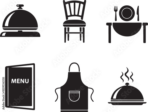 Restaurant Icons: Service Bell, Chair, Table Setting, Menu, Apron, and Food Dish