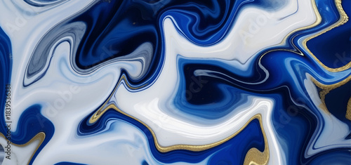 Abstract fluid art with swirling blue white and gold colors