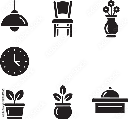 Collection of six black and white icons representing home decor and objects