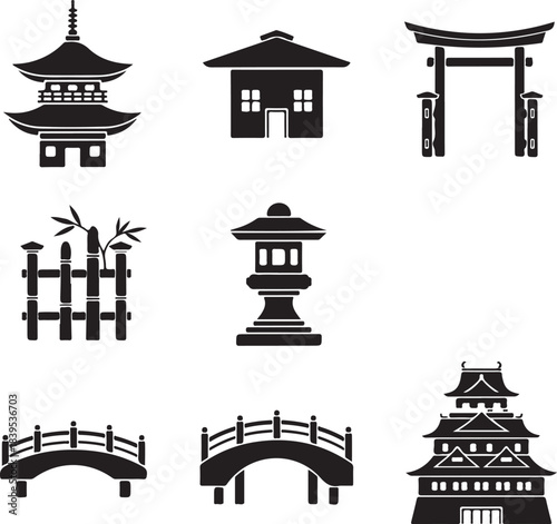 Japanese Icons: Pagoda, Torii Gate, Castle, Bridges, Lantern, House, Fence
