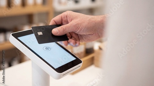 Close up of customer hand holding black credit card making contactless payment on modern white terminal in retail store with blurred background shelves
