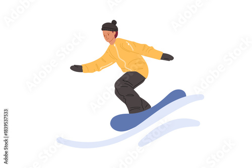 Snowboarder in winter gear performs jumping off slope with blue snowboard in snowy area during daytime in winter landscape