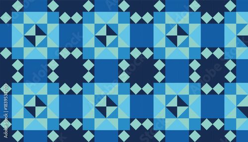 A blue geometric pattern composed of interlocking squares and angular triangles. The cool color palette creates a clean, modern look suitable for decorative surfaces and graphic design projects