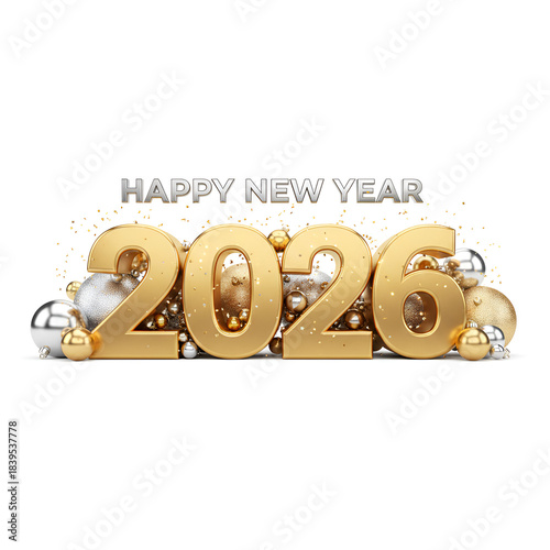2026 made from balloons and confetti. Happy New Year vector Isolated 2026 gold balloons, happy new year  gold New Year number  Golden text 2026 with new years stuff decorative on transparent backgroun