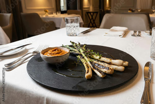 Calçots gourmet emplatados con salsa romesco en restaurante de alta cocina, presentados sobre plato de pizarra negra sobre mantel blanco en un entorno elegante y moderno.