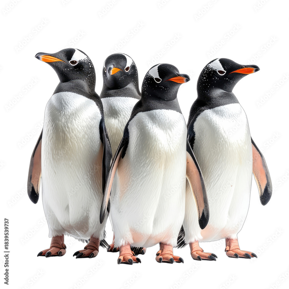 Fototapeta premium A group of four striking Gentoo penguins standing against a deep black background.